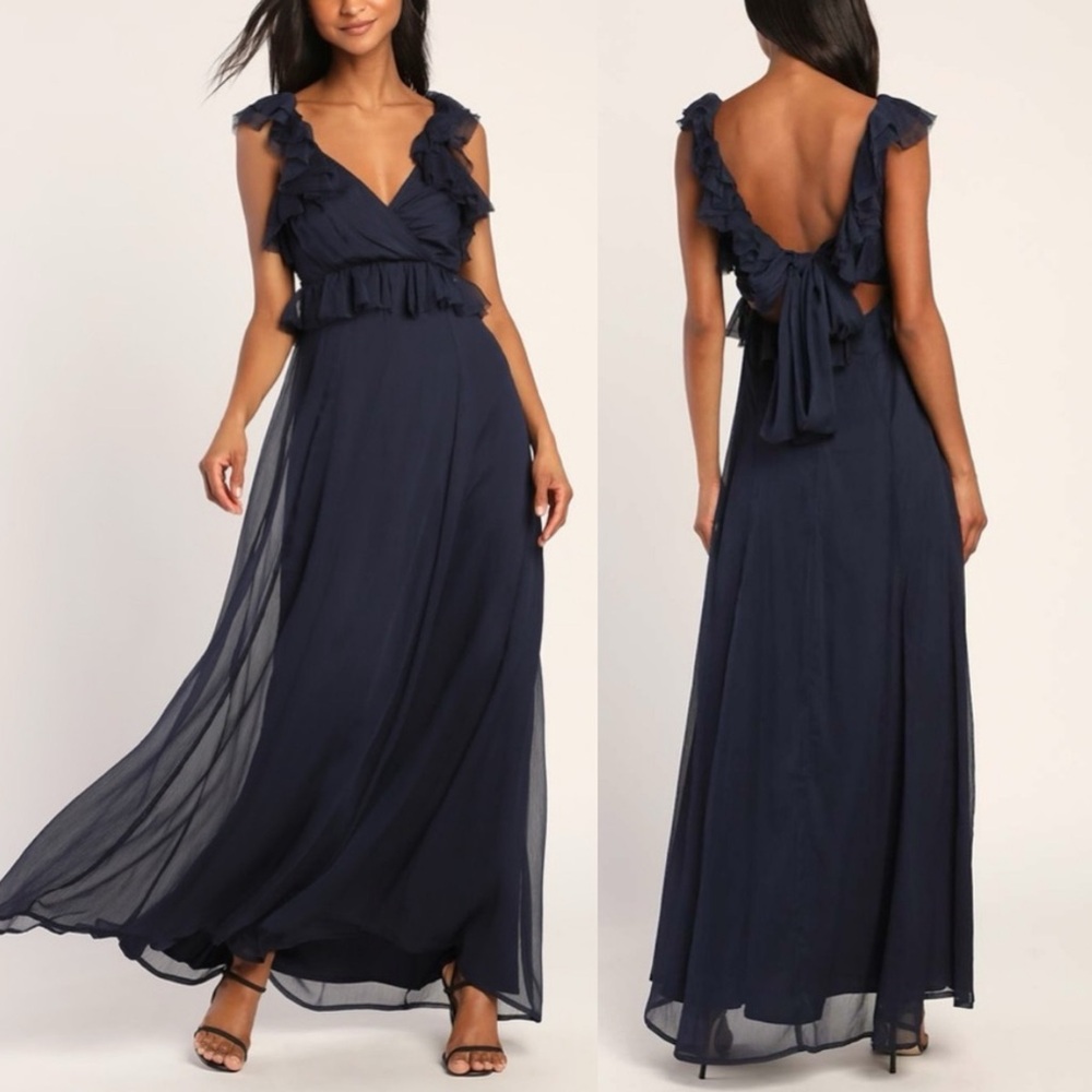NWT Lulu’s Navy Ruffled Tie-Back Prom Maxi Dress XS